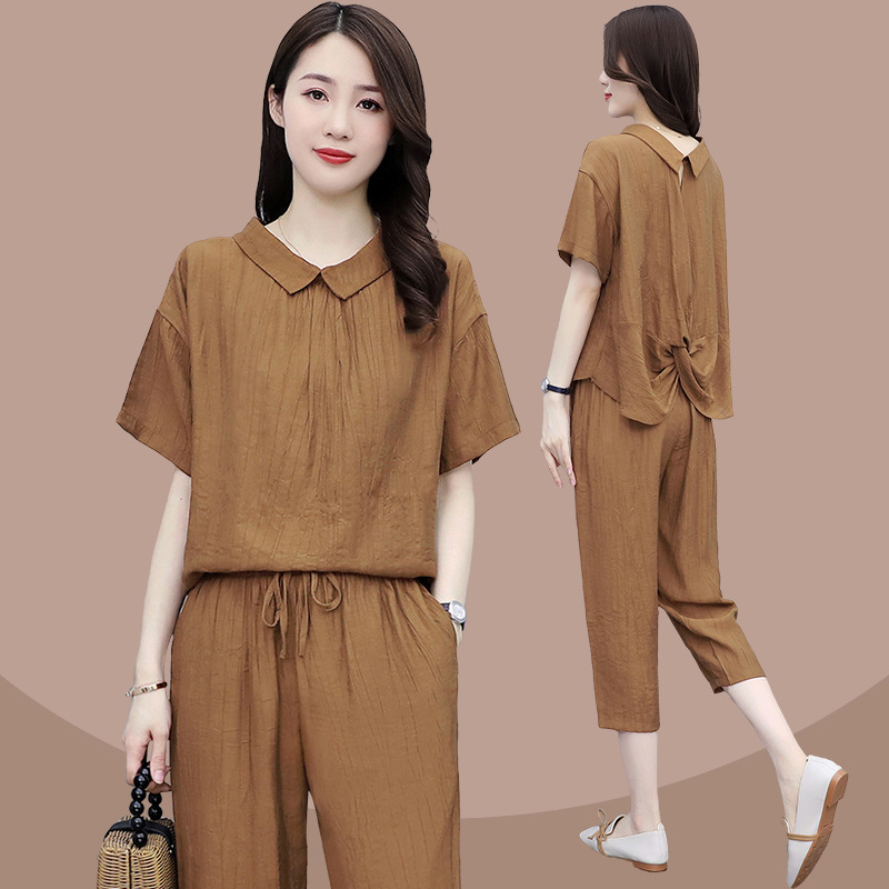 冰丝棉麻套装女夏2024新款休闲时尚运动服大码女装亚麻两件套减龄