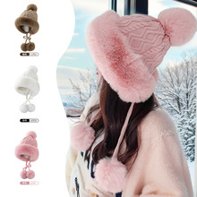 秋冬季女士可爱套头帽加绒加厚保暖护耳毛球毛绒帽时尚韩版针织帽