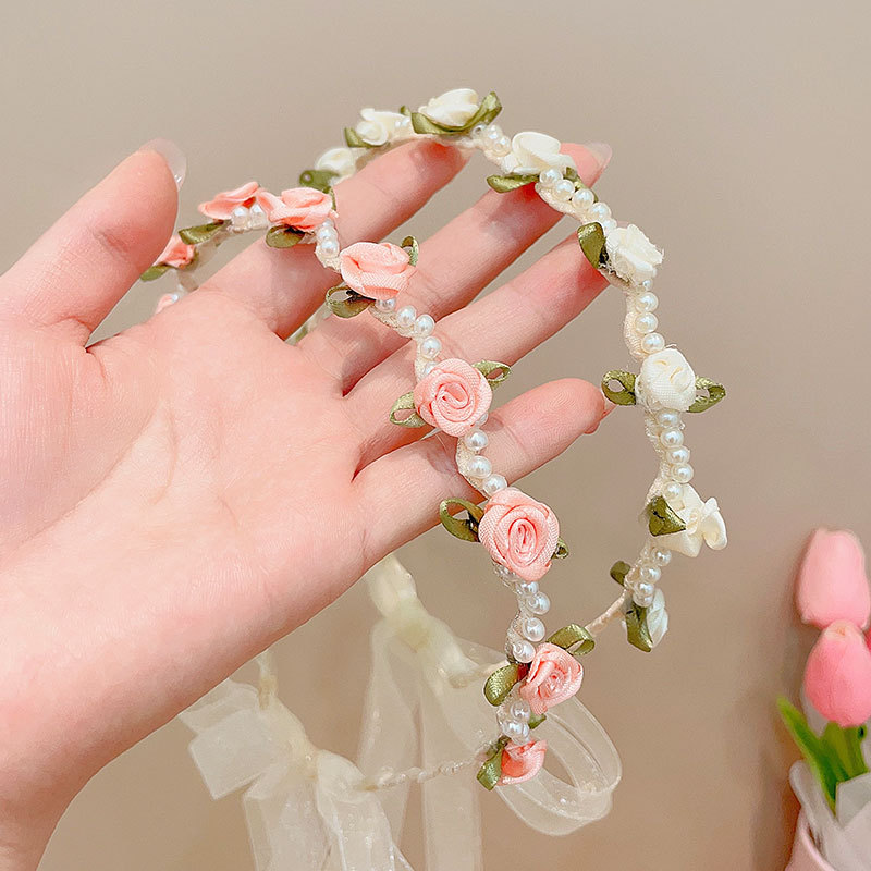 Children's Headband Princess Style Fairy Pearl Rose Headband Girls Bow Braided Hair Band Non-Slip Hair Pressing Hairpin