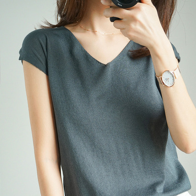 21夏亚麻针织短袖女v领冰丝背心短款宽松薄款t恤显瘦遮肉无袖上衣