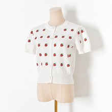 Y230352夏新款菱形刺绣草莓泡泡袖短袖针织衫开衫女式