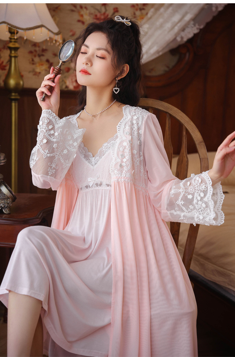 长袖睡袍套装女秋莫代尔吊带睡裙公主家居服宫廷风睡衣两件套春冬
