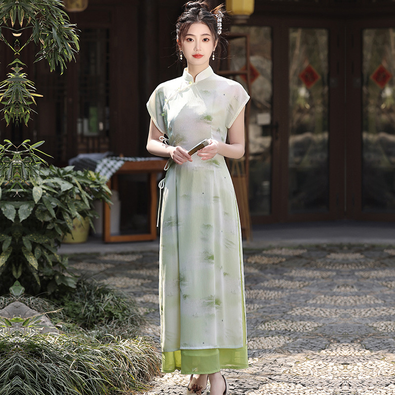 2024春夏新款中国风花绉长款复古旗袍女装连衣裙显瘦修身改良奥黛