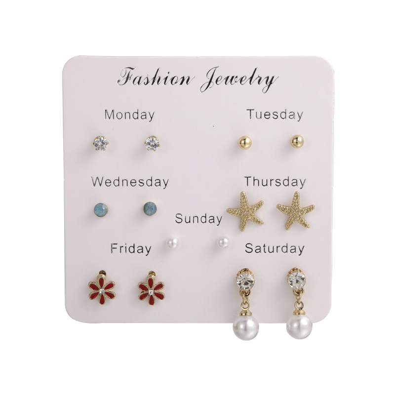 Popular Week Earrings Set Simple All-Match Week Earrings Combination Ornament Korean Fashion Small Girls Earrings