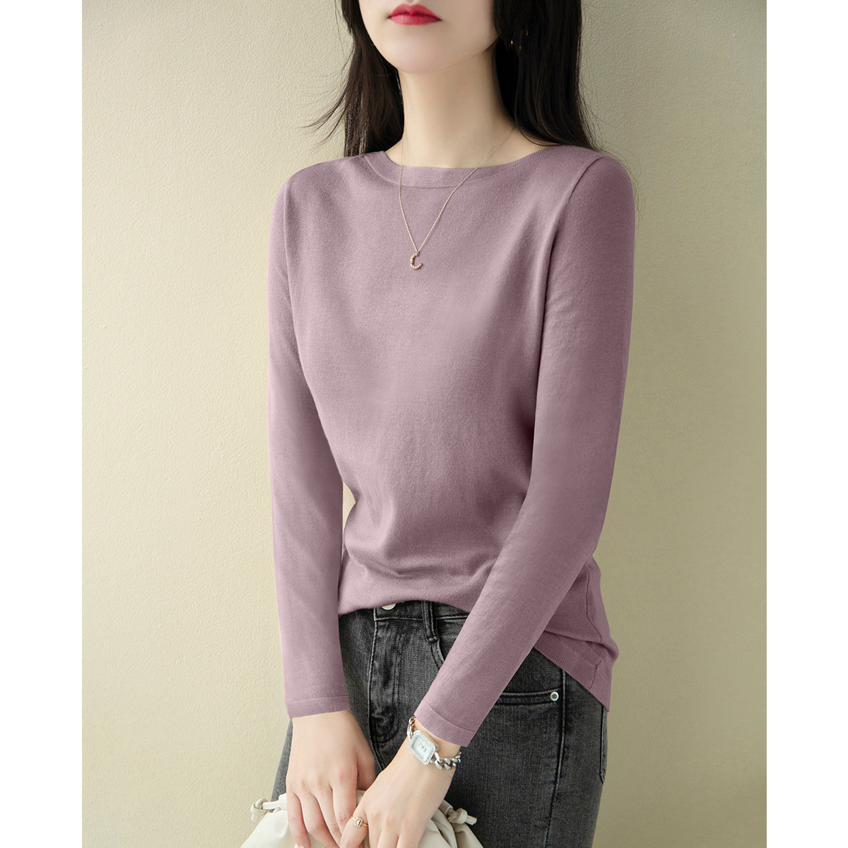 2023 New Spring and Autumn French Simplicity off-Shoulder Collar Sweater Long Sleeves Inner Wear Slim Fit Slim Looking Base Sweater
