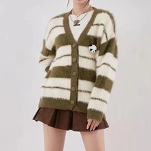 2023新日系复古休闲条纹毛衣开衫女小众熊猫显瘦设计感减龄针织衫