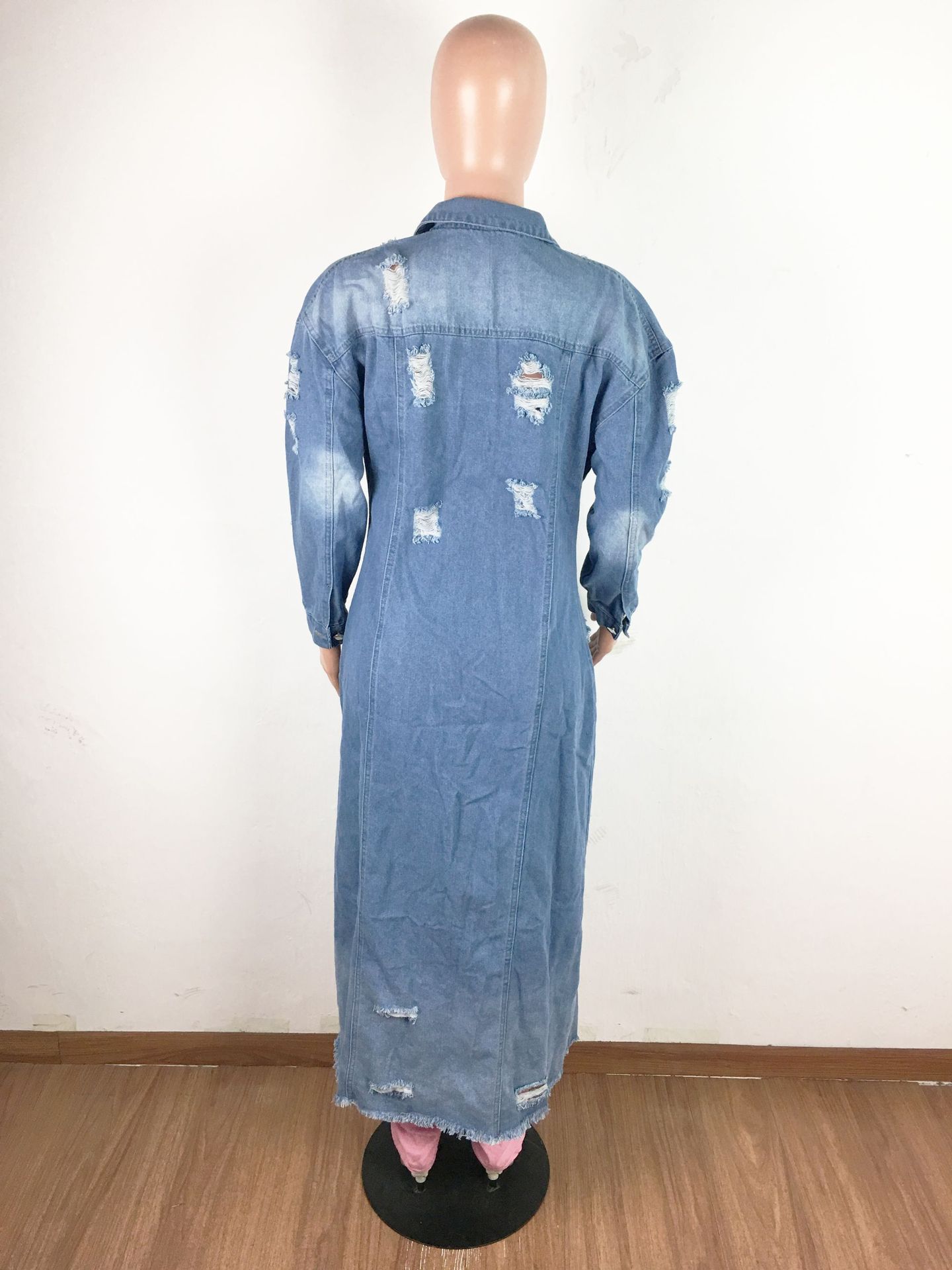 6083亚马逊货源欧美时尚女装破洞长袖牛仔风衣外套开衫牛仔披风