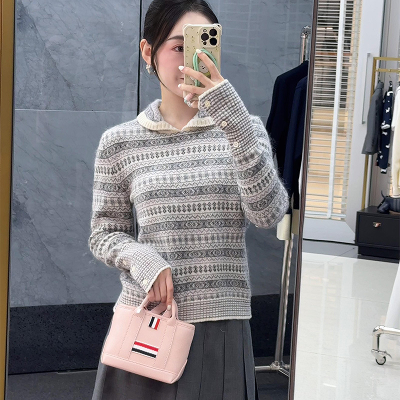 THO羊毛混纺费尔岛提花套头针织衫毛衣女2025秋冬翻领内搭上衣