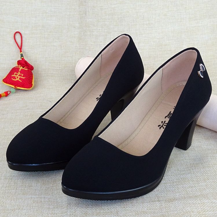 蓝依凝老北京布鞋女高跟鞋新款一体跟职业通勤礼仪工作鞋浅口黑色