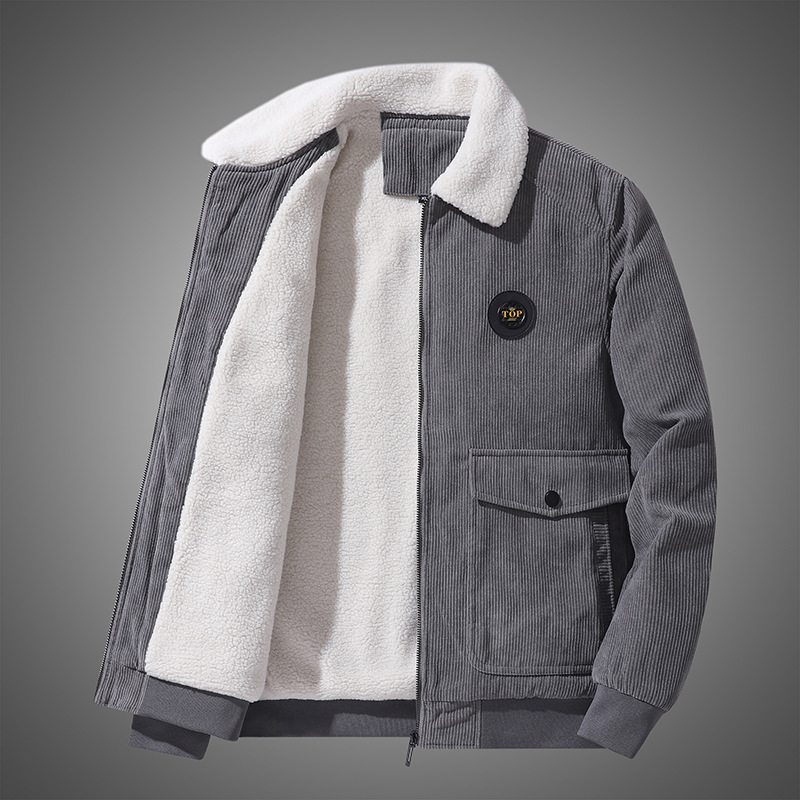 Corduroy Lamb Wool Jacket Men's Winter Loose Velvet Thickened Casual Polo Collar Coat Top Clothes Men