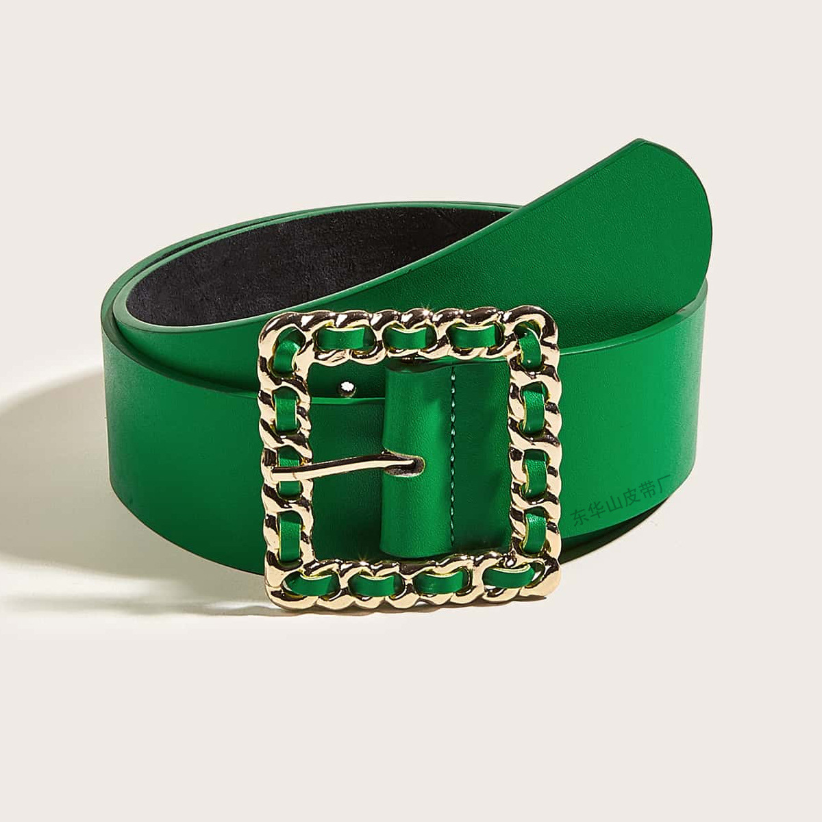 亚马逊跨境热卖2021秋冬欧美潮流方形穿线扣头绿色皮带女士腰带
