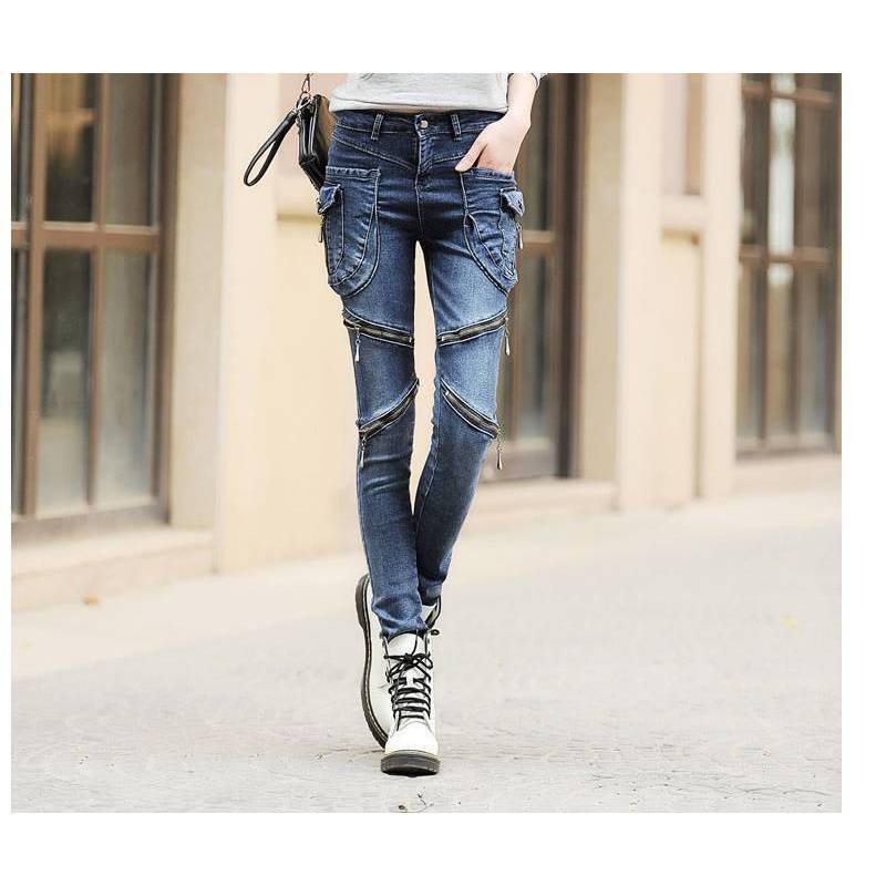 韩版春秋装个性女学生牛仔裤潮90后非主流大口袋显瘦铅笔裤小脚裤