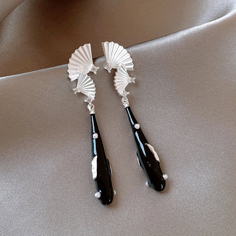 Silver Needle New Chinese Style Fan-Shaped Water Drop Tassel Earrings Special-Interest Design Earrings Fashion Trendy High-Grade Earrings Wholesale