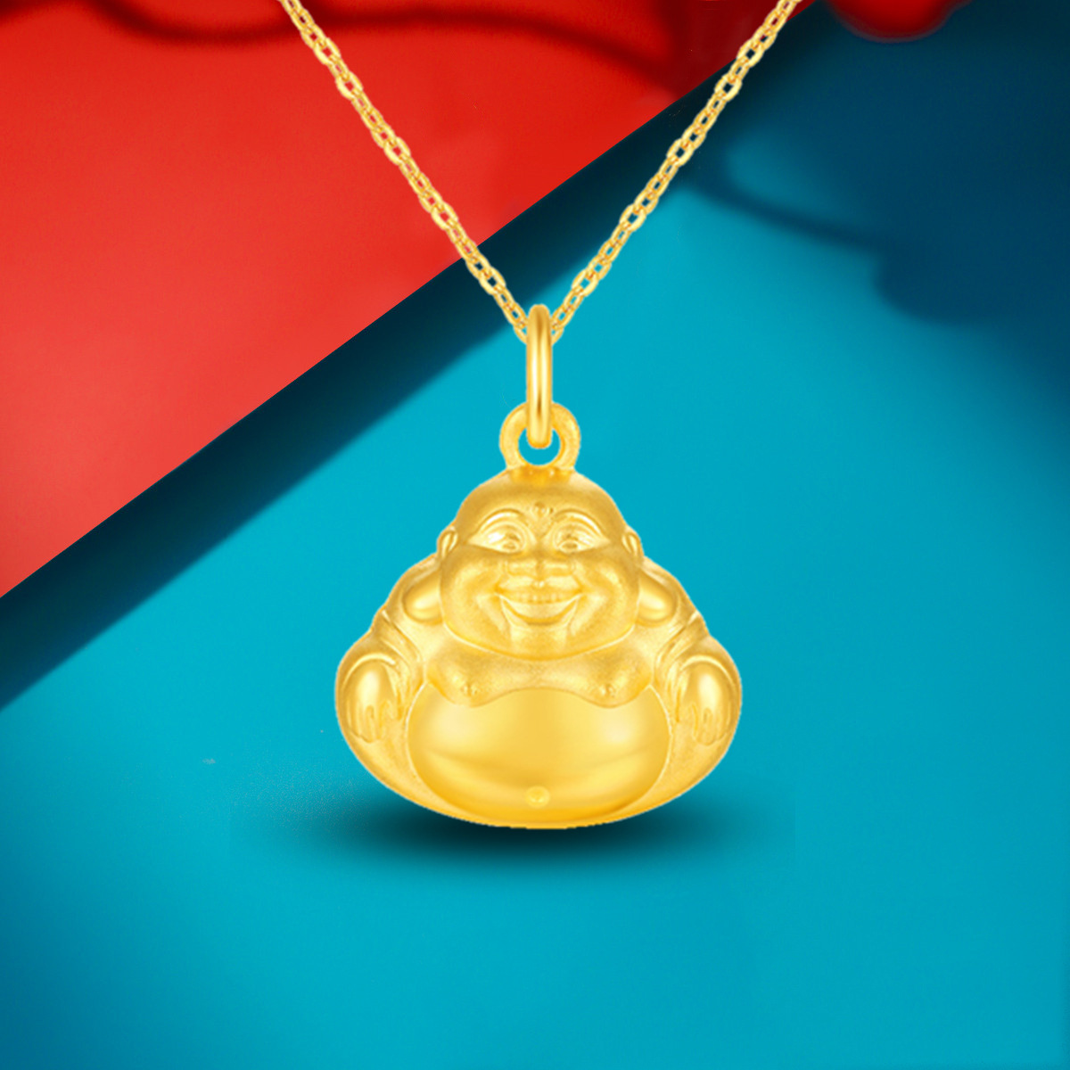 中国金店黄金吊坠999足金双面弥勒佛项链女3d硬金挂坠金饰送妈妈