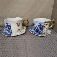 青花出口英国下午茶套杯咖啡杯茶杯中西合璧不规则陶瓷杯欧式餐具
