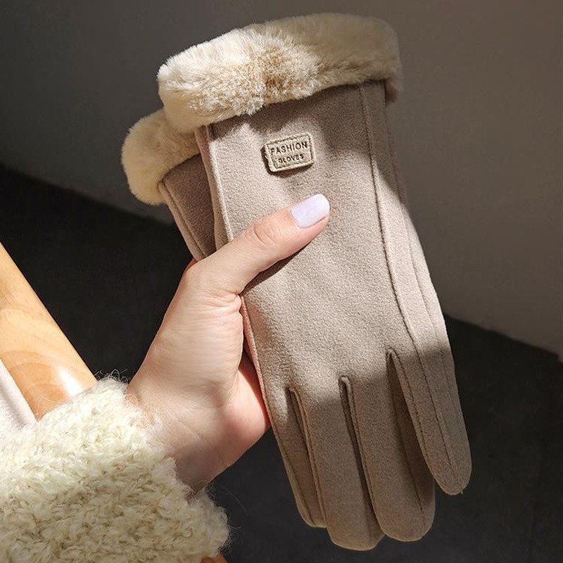 Women's Winter Warm Riding Gloves Korean Style Fleece-Lined Thickened Cold Protection Windproof Touch Screen Winter Suede Dralon Student