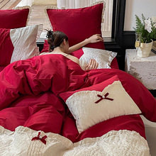 红色婚房100支长绒棉结婚四件套大红色床单纯棉婚庆喜被床上用品