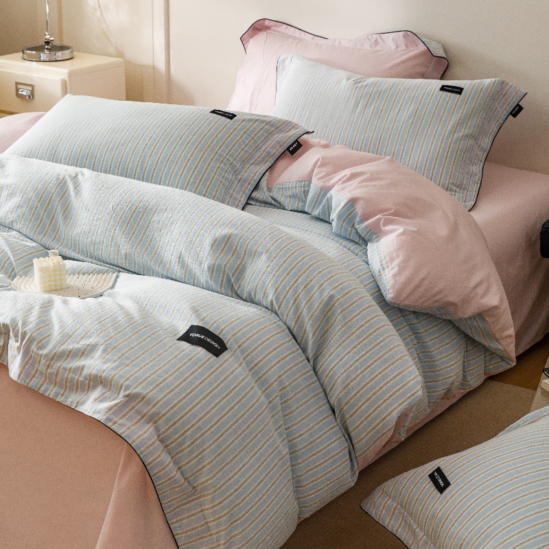 春夏无印风条纹格子全棉四件套男女被套床单纯棉色织提花床上用品