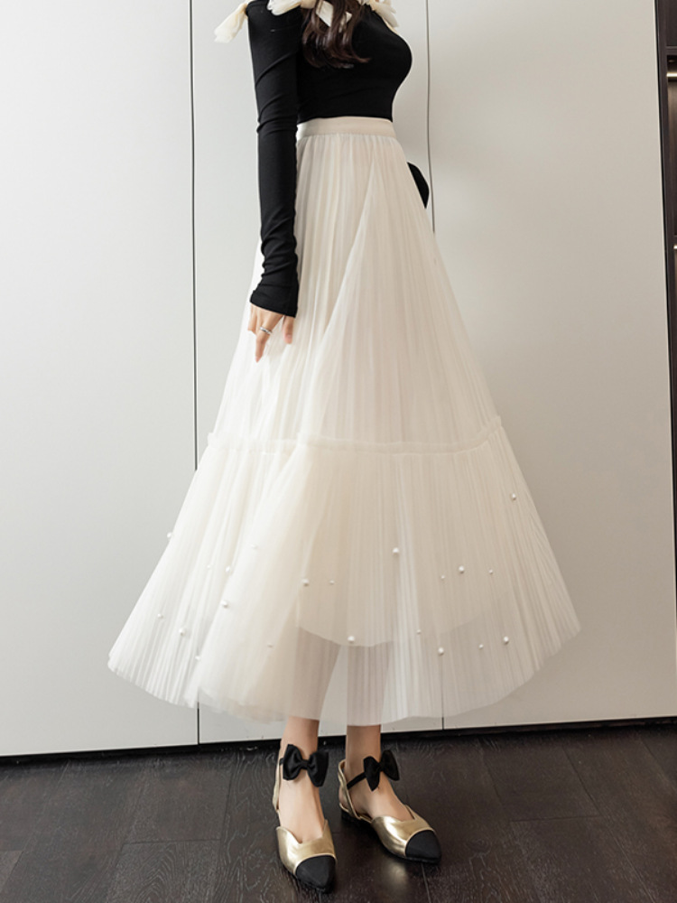 白色纱裙半身裙2022年早春新款小个子高腰中长款钉珠设计感网纱裙