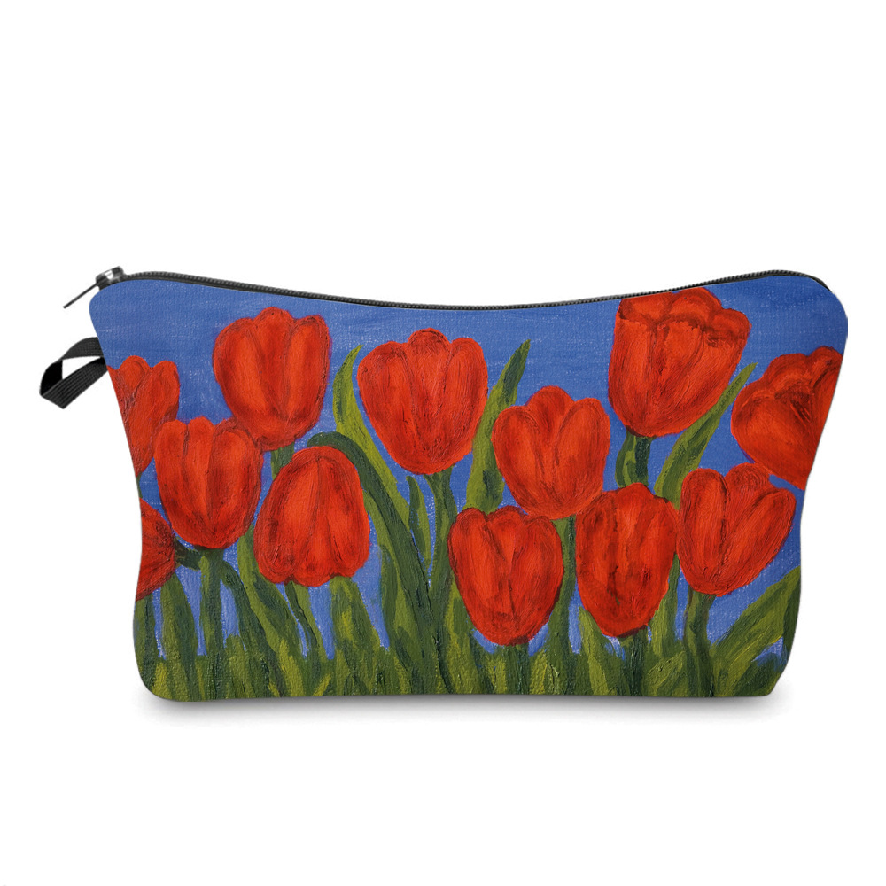 2022 New Women's Cosmetic Bag Printed Ins Oil Painting Flower Storage Bag Portable Clutch Storage Wash Bag