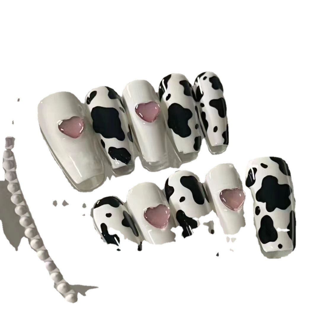 Handmade Wear Nail Black and White Cows Pattern Three-Dimensional Love Diamond Wear Nail All-Match Fashion Student Short Mid-Length