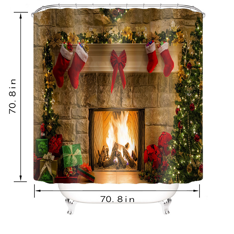 Christmas Shower Curtain Four-Piece Fireplace Support Picture Labeling Waterproof Mildew-Proof Punch-Free Picture Package