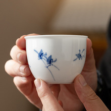 纯手绘蝴蝶兰主人杯缸杯羊脂玉中国白茶杯家用茶具品茗杯礼盒包装