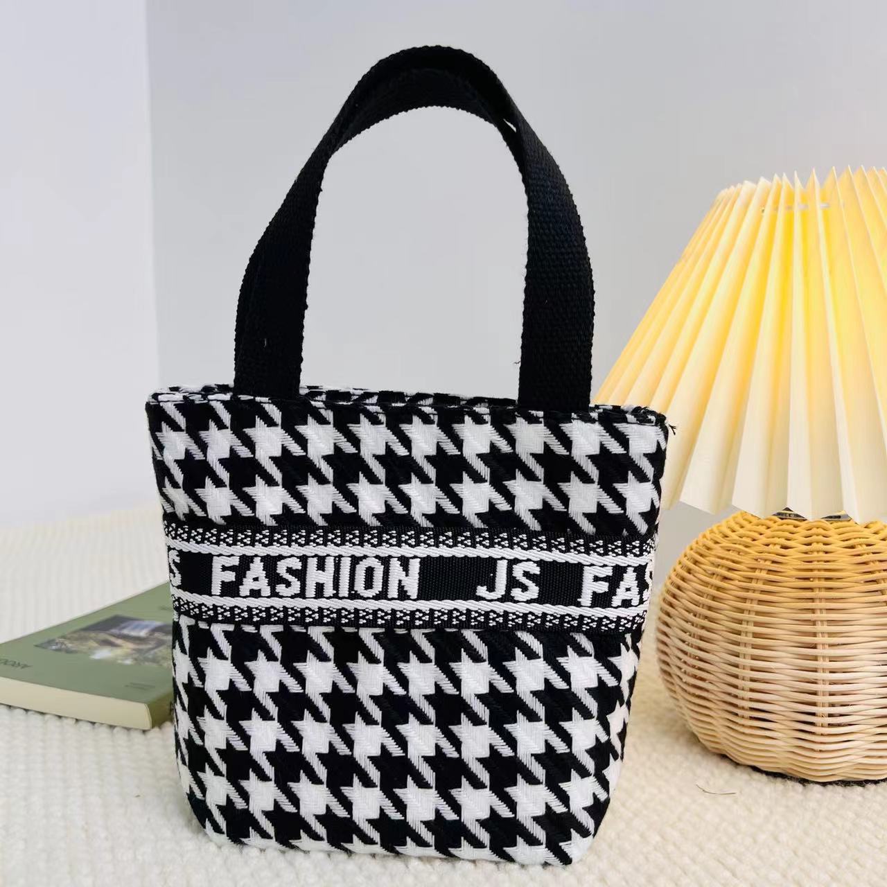 2023 New Houndstooth Cotton and Linen Women's Handbag Simple Hand Bag Large Capacity Cosmetic Bag Mobile Phone Bag Storage