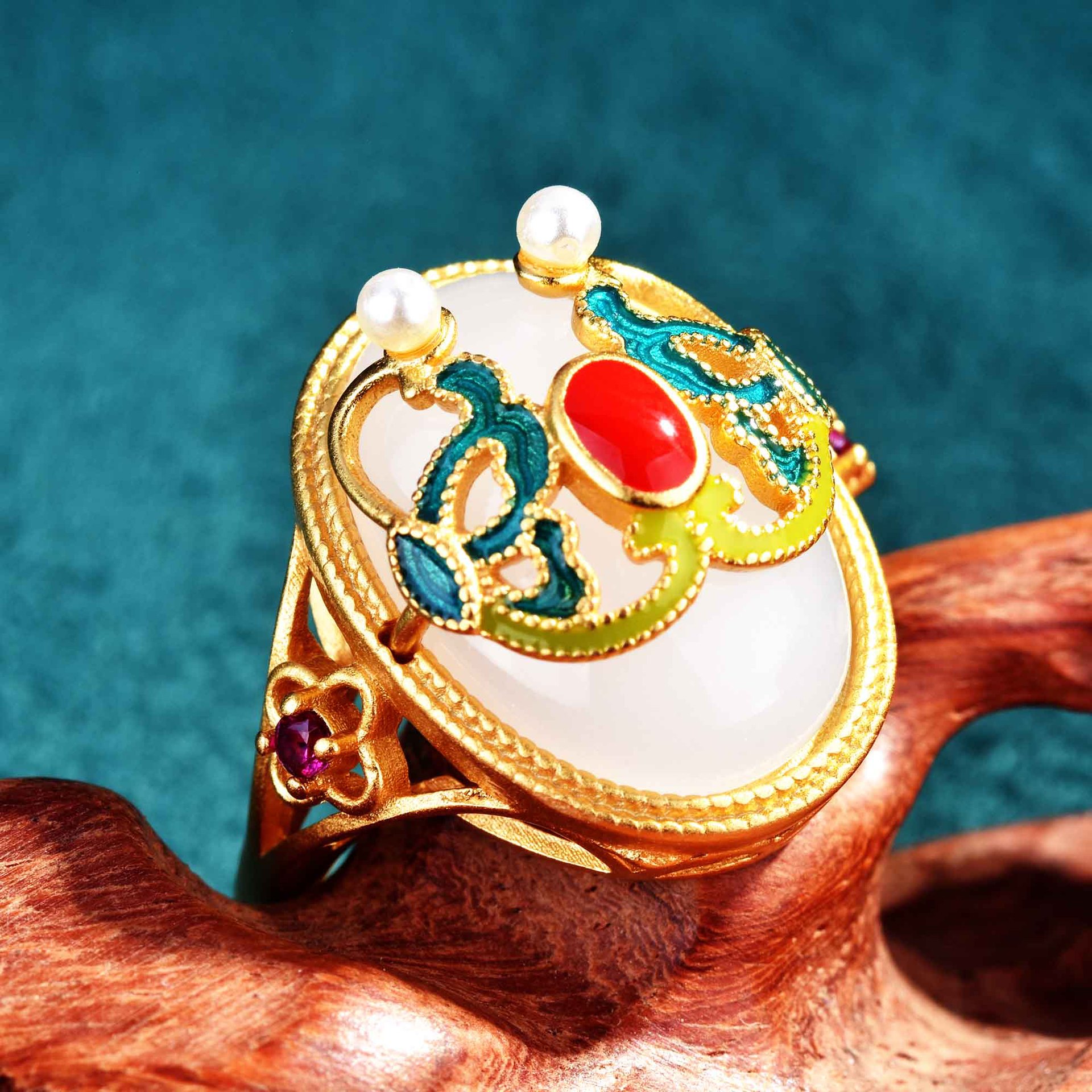 古法金镶和田玉戒指女烧蓝珐琅彩绘戒指开口女可调节复古戒指宫廷