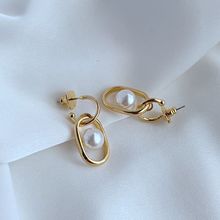 时尚新款潮温柔名媛风小众设计几何圈环珍珠镶嵌猪鼻子造型耳环