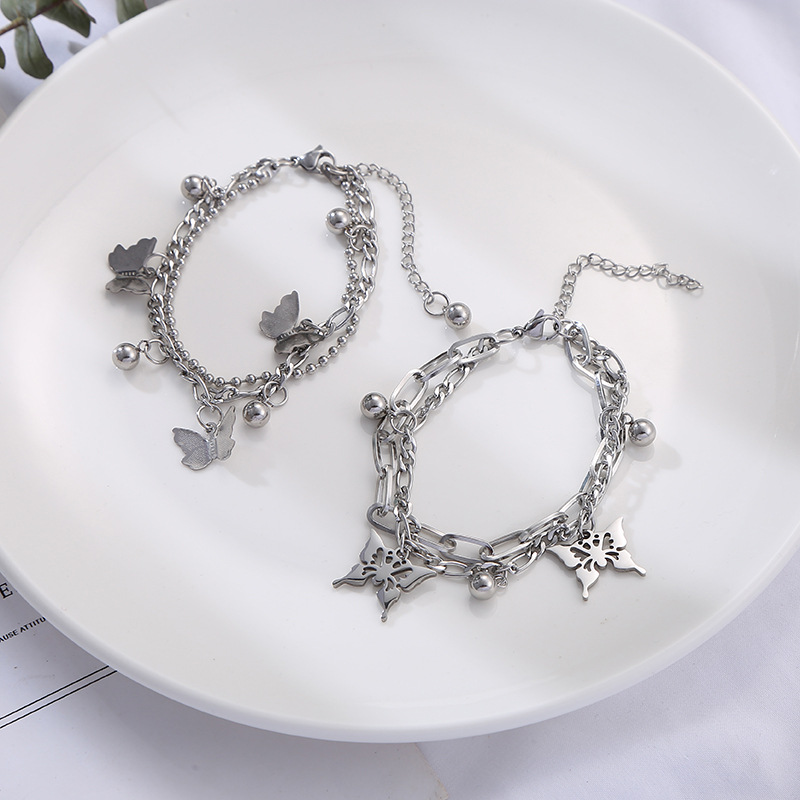 Korean Dongdaemun New Ornament Pendant Titanium Steel Double-Layer Bracelet Street Hip-Hop Fashion Love Pendant Bracelet