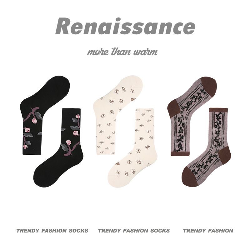 Renaissance Original Women's Socks Vintage Pattern Tube Socks Women's Combed Cotton Instagram Mesh Red Tide Socks 3 Pairs Gift Box