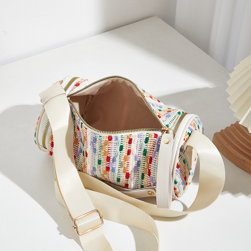 2023 New Trendy Women's Bags Woven Rainbow round Bag All-Match and Fresh Contrast Color Canvas Underarm Bag Shoulder Messenger Bag