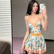新款韩版时尚印花复古黄双面穿法V领性感绑带修身显瘦甜美泳衣裙