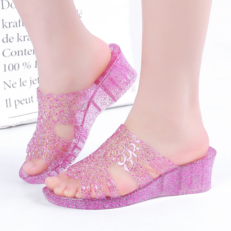 High Heel Slippers 2022 New Summer Crystal Transparent Plastic Fashion Wedge Mom Slippers One-Piece Delivery