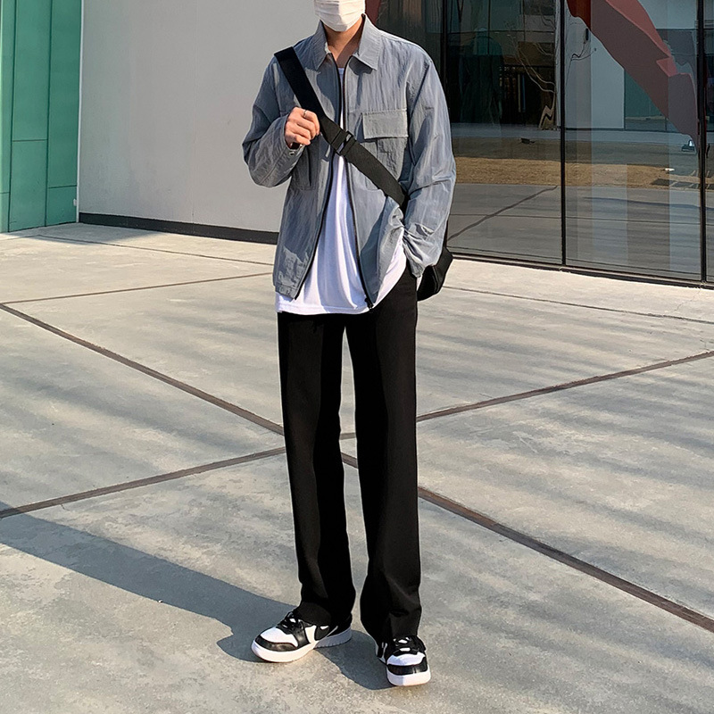 休闲直筒裤男西装裤阔腿裤宽松高腰男士长裤垂感西裤黑色拖地裤子