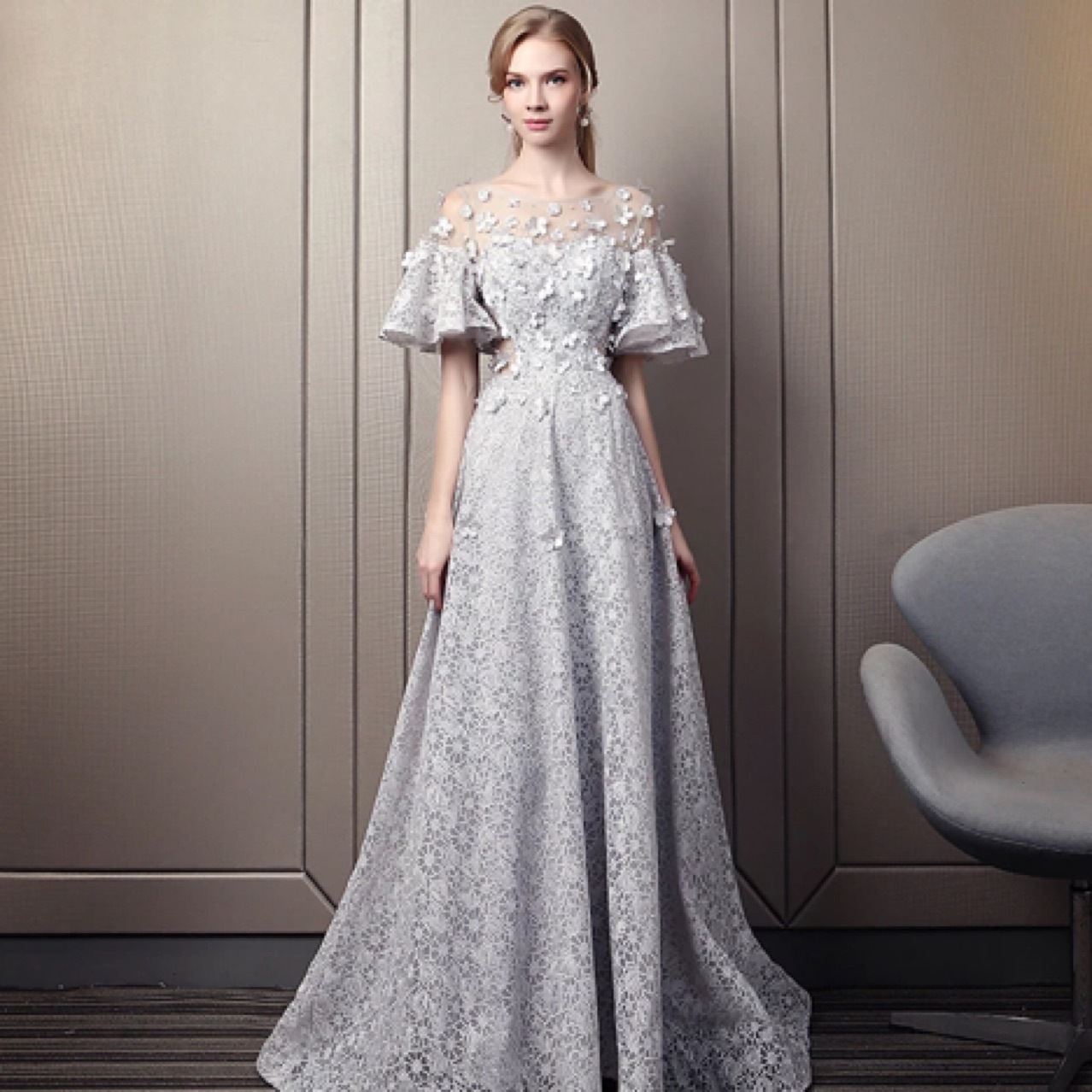 灰色晚礼服裙女长款拖地2022新款时尚名媛蕾丝年会主持人晚宴会