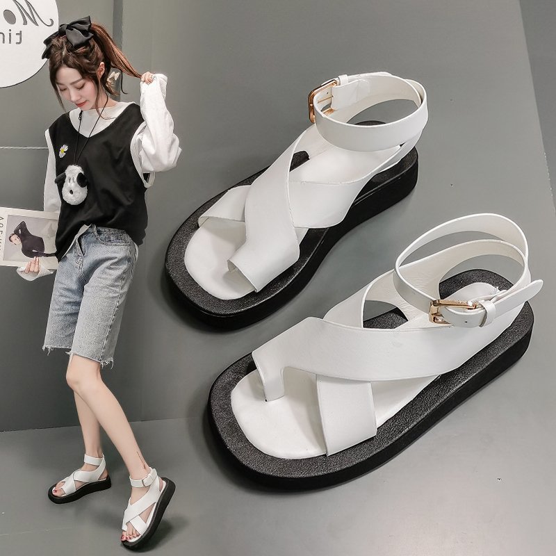 Foreign Trade Internet Hot Sandals Women's Summer 2021 Summer New Student Comfortable Korean Style Thick Bottom Fairy Style Cross Roman Shoes Women