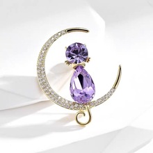 水晶紫猫咪胸针玲珑高级感紫罗兰小猫咪月亮小众精美胸针配饰