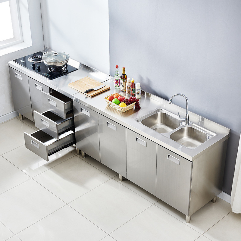 家用简易碗柜304整体不锈白钢厨房橱柜灶台一体储物收纳小户型