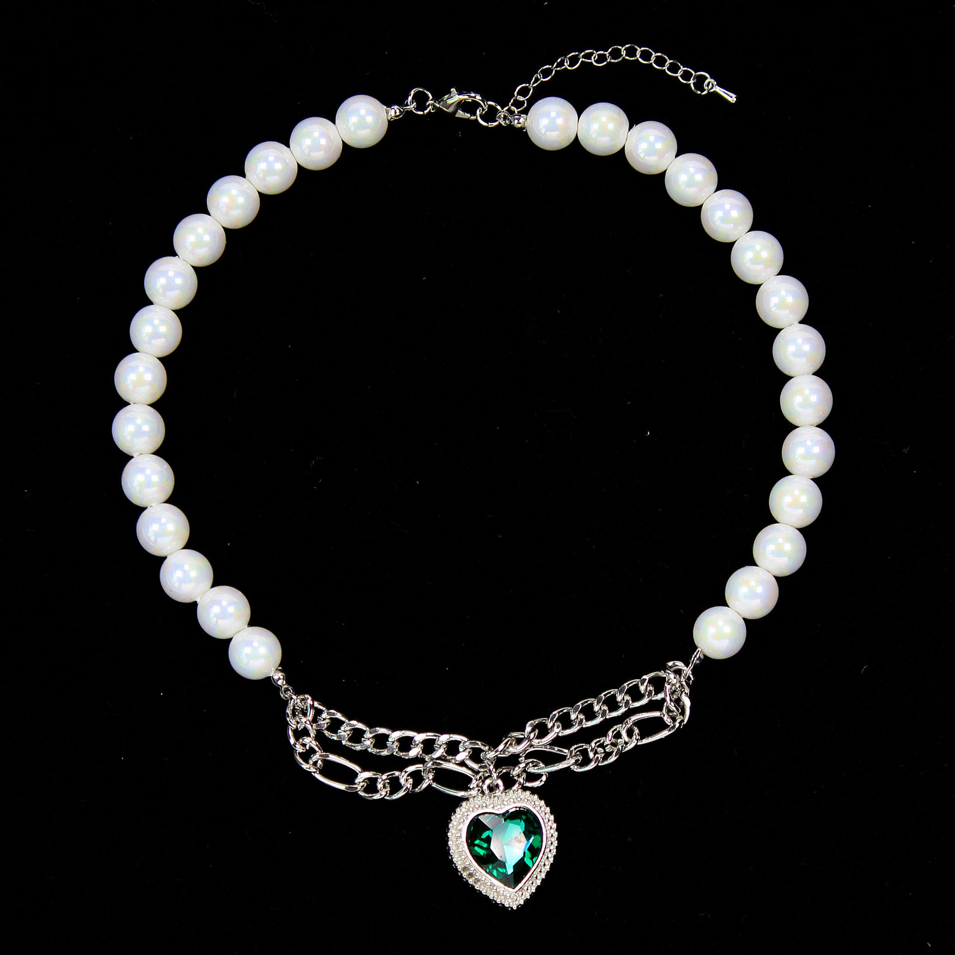 931韩国夏季绿宝石珍珠圆珠拼接项链弹力choker 短款颈链 欧美风