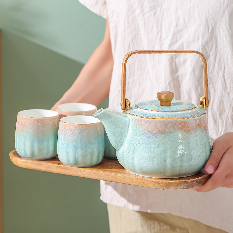 Glaze Kiln Contrast Color Household Tea Set Creative Gift Band Tray Tea Set One Pot Four Cups Ceramic Tea Set Gift Box