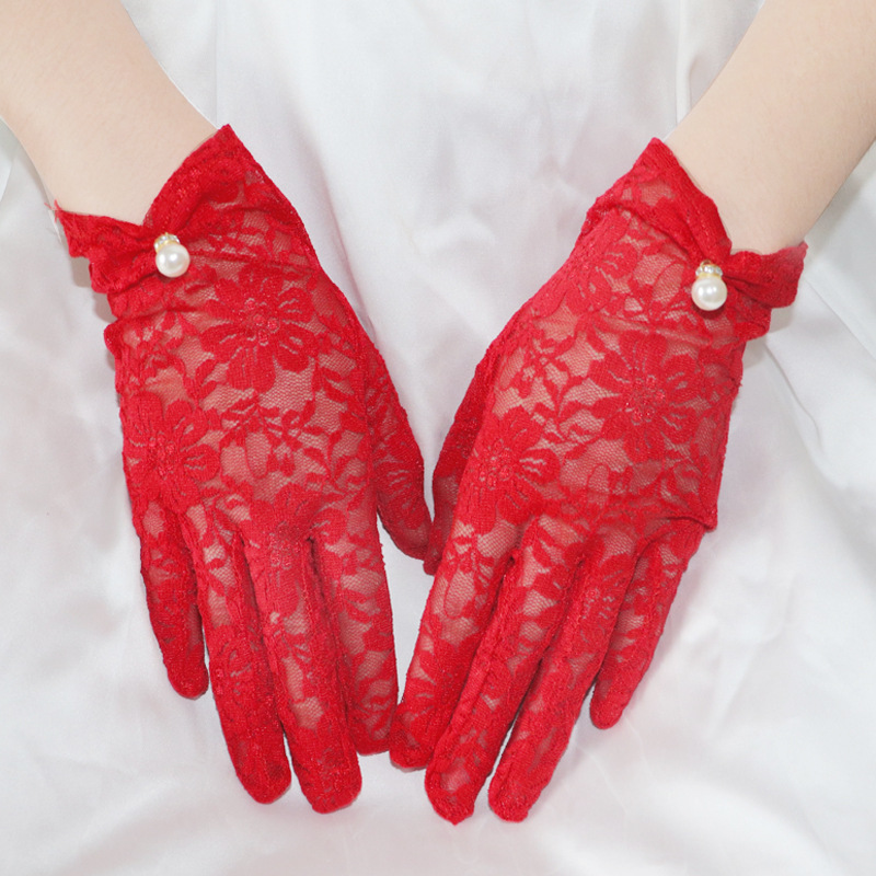 新娘手套蕾丝红色白色结婚手套婚庆婚礼婚纱手套短款长款缎面手套