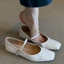 现货~春秋新款浅口单鞋女真皮方头百搭平底浅口一字带玛丽珍鞋女