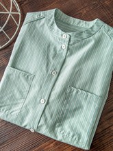 清透绿色条纹细腻亲肤真丝+棉混纺小立领宽松长袖衬衫上衣女2023