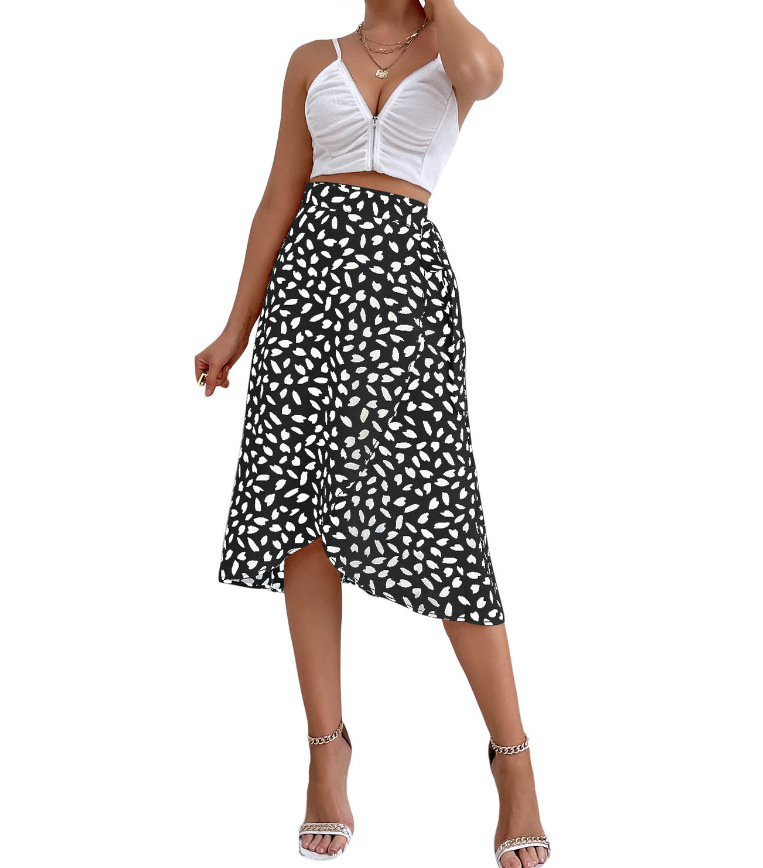 Amazon Cross-Border Women's Clothing European and American Skirt Casual All-Matching Graceful Polka Dot Floral Print Slit Skirt Fashion