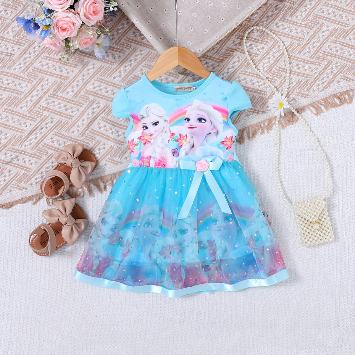 女童夏季艾莎公主裙冰雪奇缘印花网纱蝴蝶结装饰带腰带批发现货