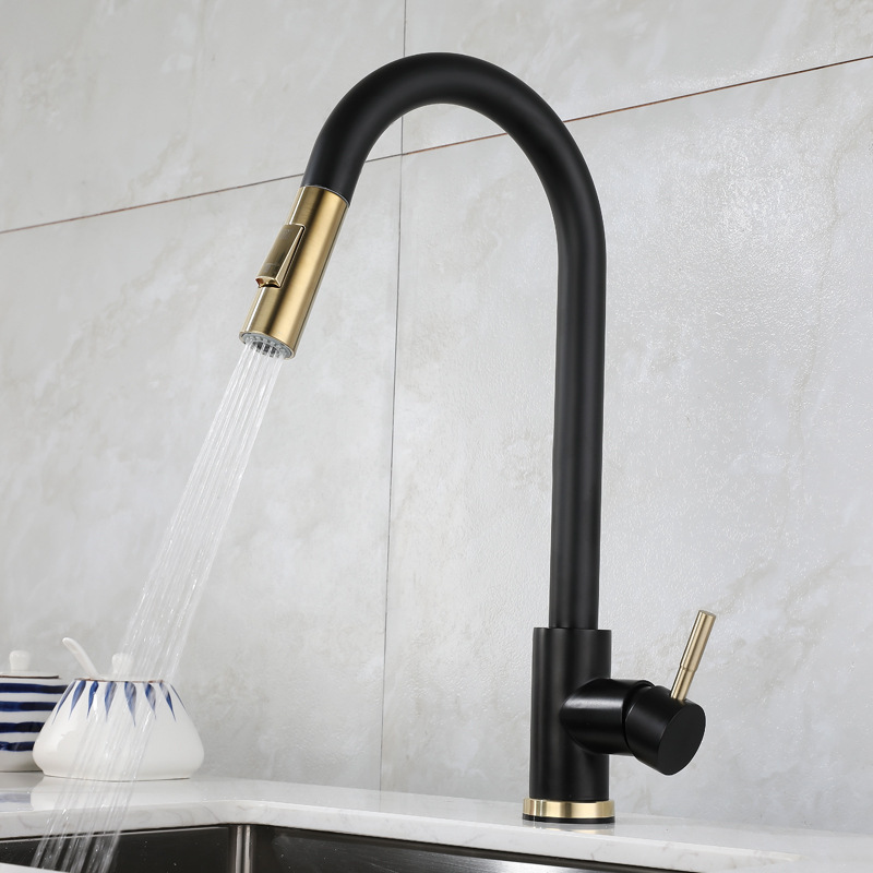 Hot and Cold Brushed Golden Black Pull-out Kitchen Faucet Rotating Retractable Dishwashing Washing Basin Sink Faucet Water Tap