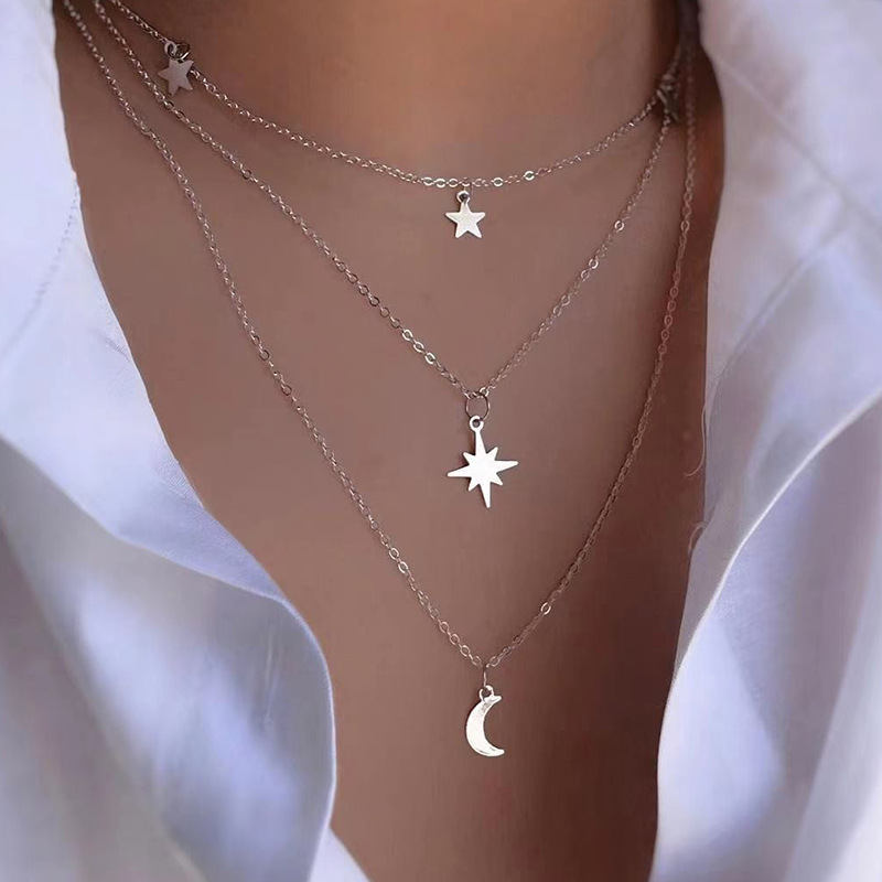 new europe and america cross border ornament exaggerated alloy xingx pendant street moon multi-layer twin necklace for women wholesale