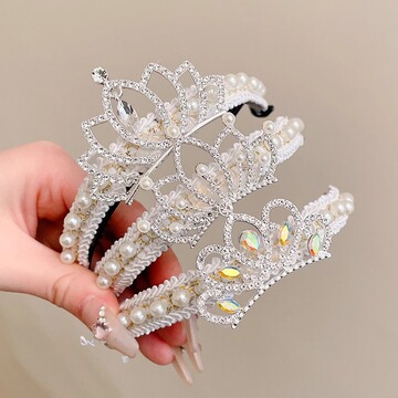 女孩精致珍珠水钻皇冠发夹儿童丸子头固定神器女童马尾扣发卡头饰